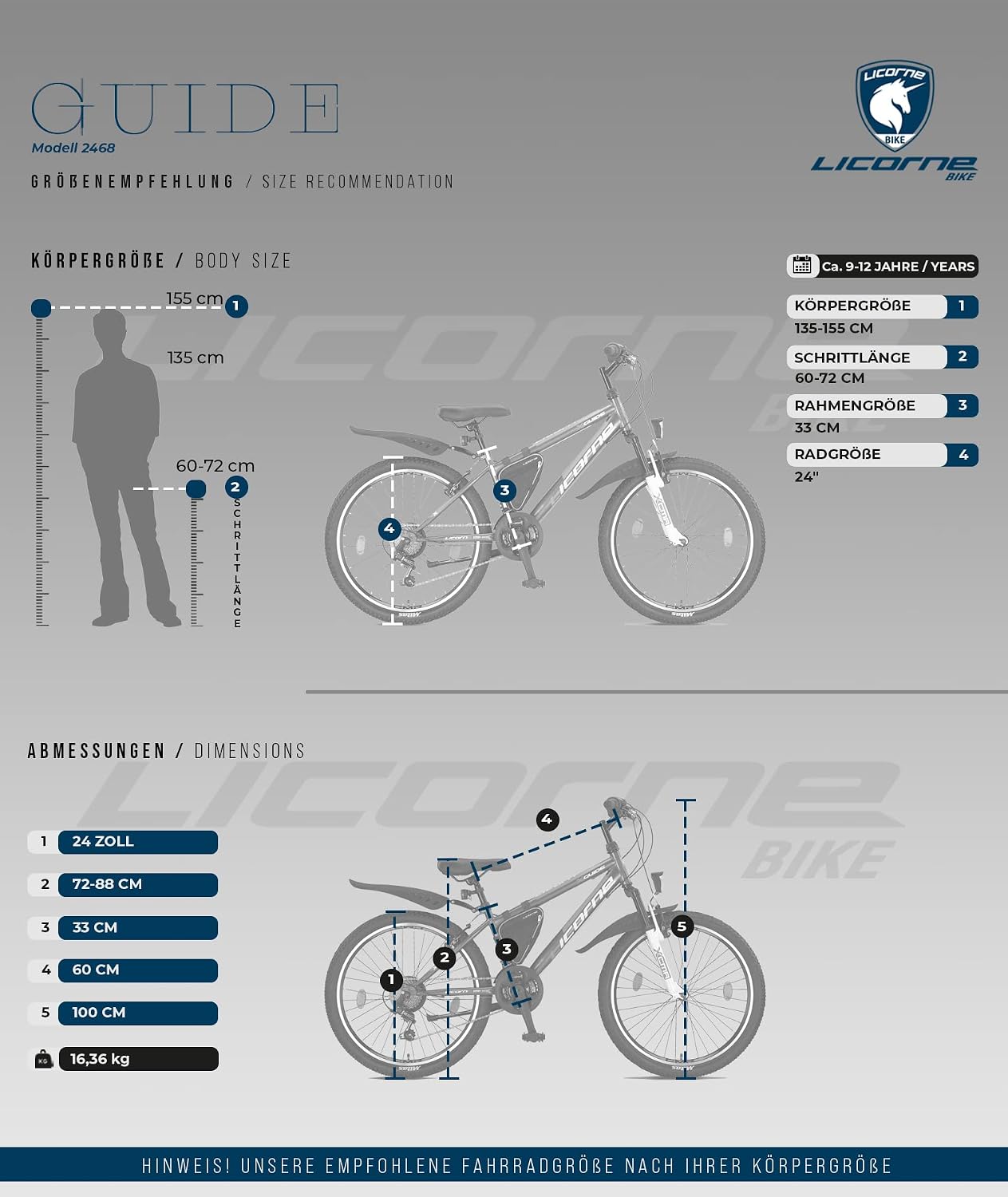 Licorne Bike Guide Premium Mountainbike in 20, 24, 26, 27.5 und 29 Zoll Fahrrad für Mädchen Jungen Herren und Damen