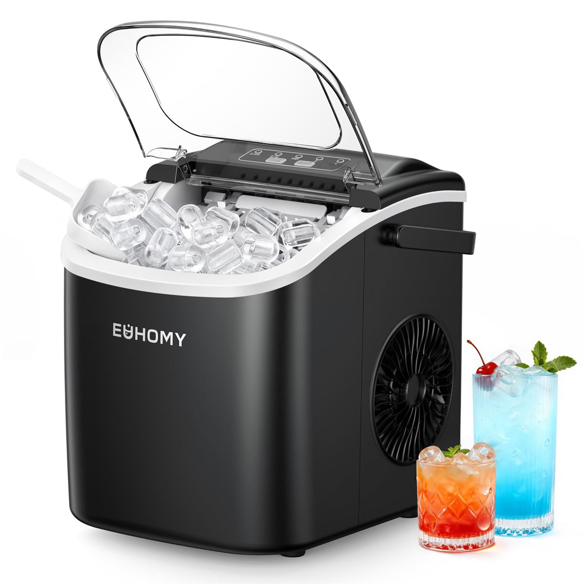 EUHOMY Small Ice Cube Maker, 12 kg Ice Cube Maker, 9 Cubes Ready in 6 Minutes, Black Ice Cube Machine with Portable Handle, 12 kg/24 H, Self-Cleaning Ice Cube Machines
