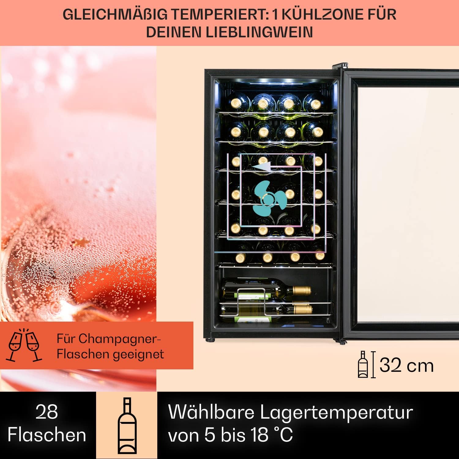 Klarstein Shiraz Wine Refrigerator Black - 28 Bottles, 74 L, 1 Zone | Beverage Fridge with Glass Door, Freestanding, Quiet, 5-18°C, LED, Stainless Steel Frame, Slim