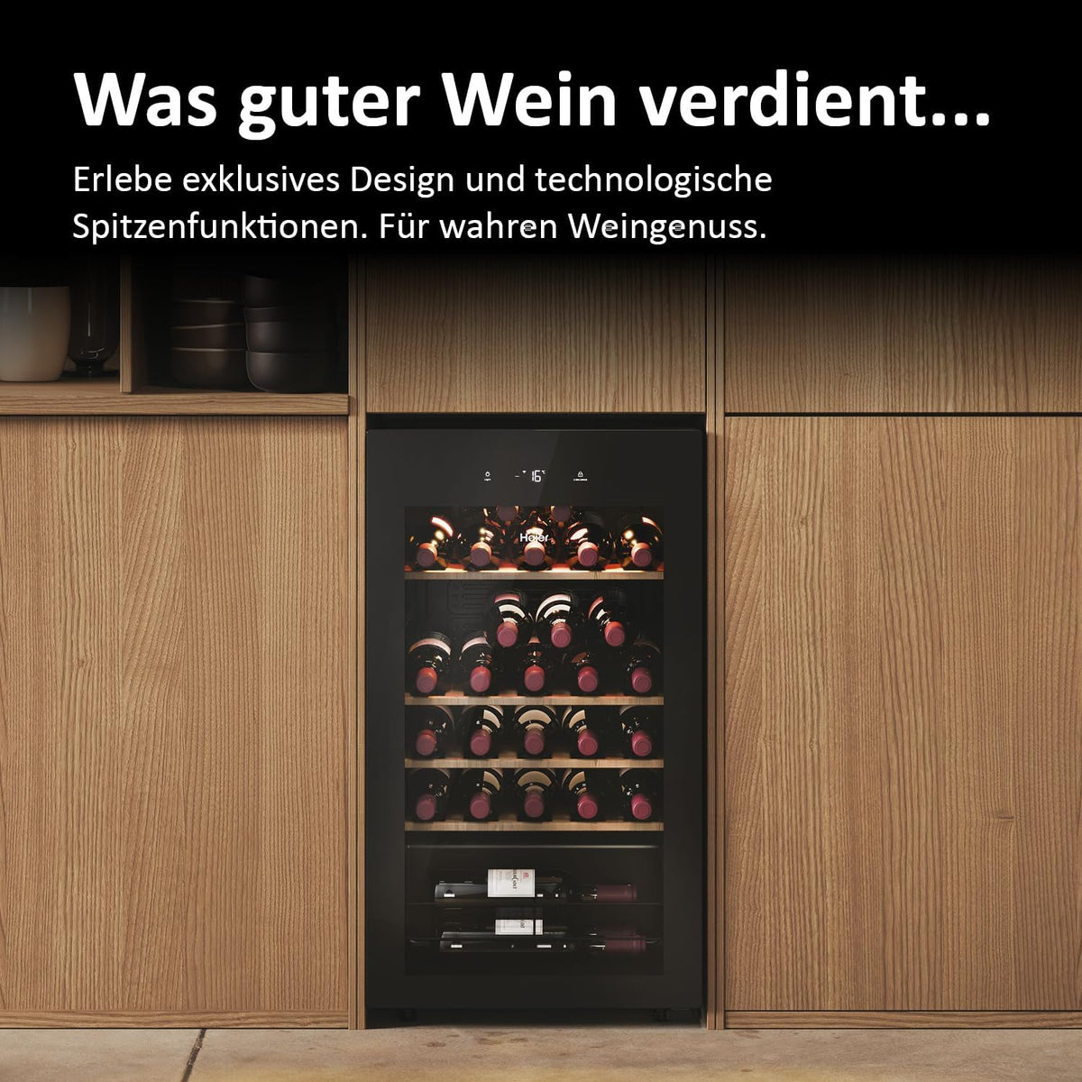 Haier HWS34GGH1 Series 3 Wine Fridge | For 34 bottles, modern wine fridge with UV glass door and 5 wooden shelves, wine cooler with Wi-Fi and touch display
