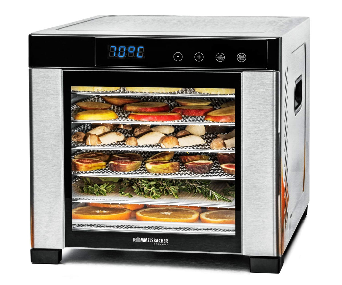 ROMMELSBACHER Dörrautomat DA 1000, XXL-Dörrfläche 1,6 m², inkl. 10 Edelstahl-Dörrtabletts, 2 Dörrgitter, 2 Dörrmatten, LED-Display, 24 Std. Zeitschaltuhr, Temperatur einstellbar (35 °C – 75 °C)o
