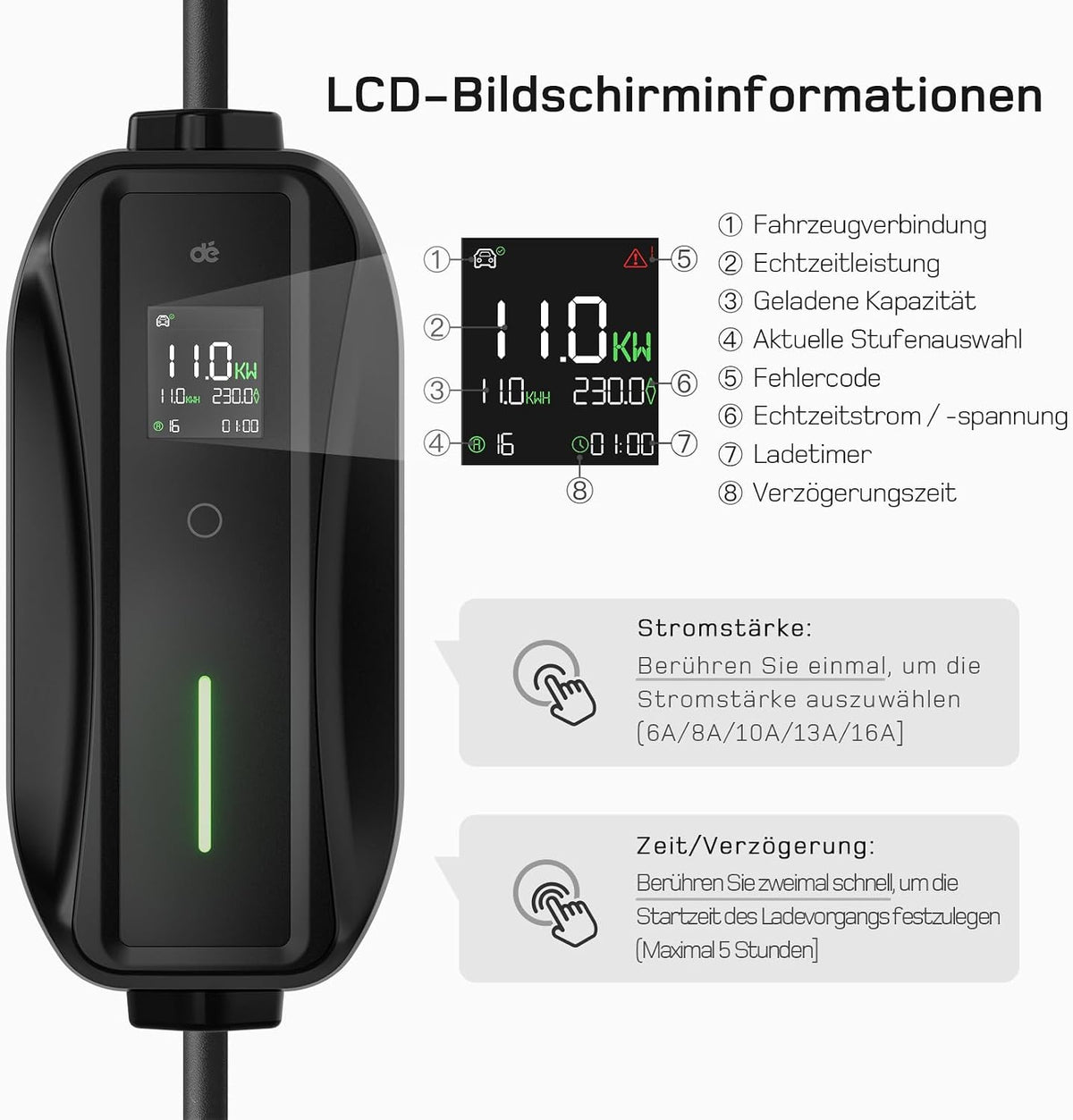 dé Mobile Wallbox 11 kW [3-Phase, 7 m, 6-16 A] with Adjustable Charging Power | Charging cable for car CEE 16A 400V to type 2 charging cable, RCD type A 30mA AC + 6mA DC, IP66, EV charger for BEV/PHEV