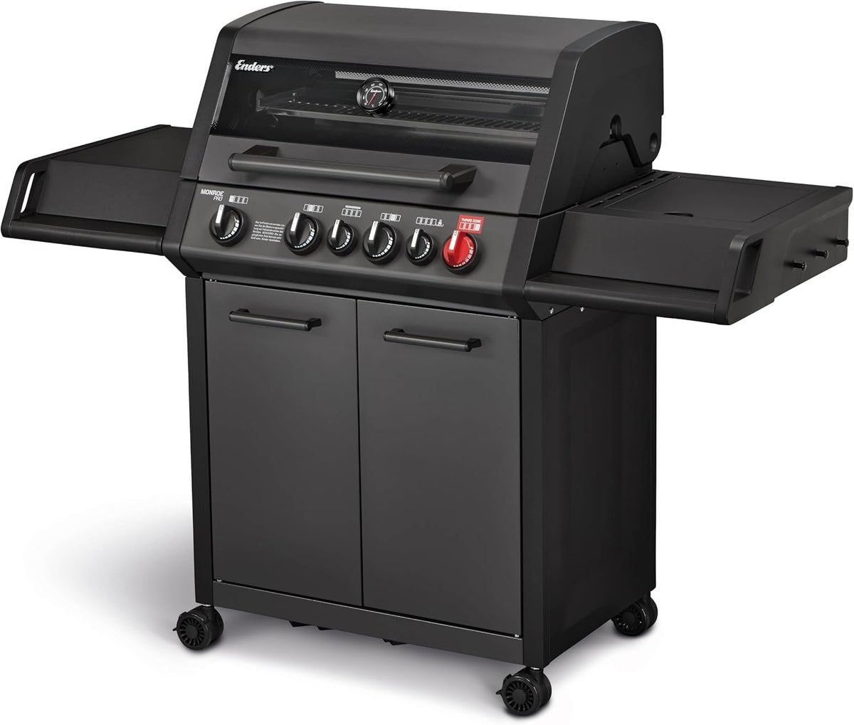 Enders® Gasgrill MONROE PRO 4 SIK TURBO SHADOW, 4-Edelstahlbrenner, Seitenkocher, Infrarot-Backburner, Sichtfenster, HEAT RANGE™, SWITCH GRID™, 800 °C TURBO ZONE™, SIMPLE CLEAN™, #8385