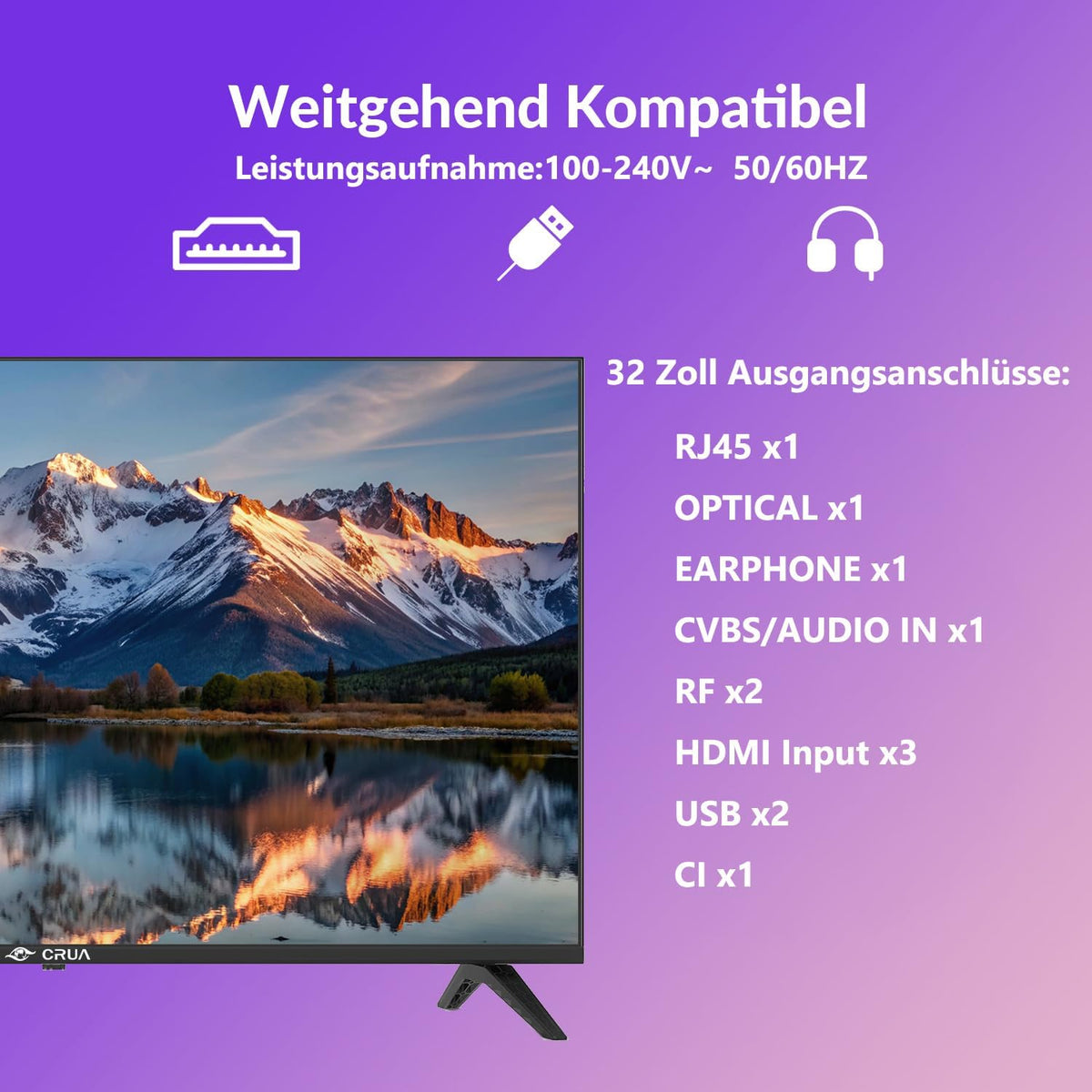 CRUA 32 Zoll Smart TV/Fernseher 32 Zoll 3X HDMI, 2xUSB, Fernseher kompatibel mit VIDAA,EyeCare,Triple Tuner DVB-T/-T2/-C/-S/-S2 CI+Power Input 100-240V~ 50/60HZ for Home, Kitchen, or RV Camper