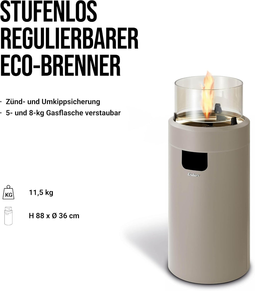 Enders Terrassenfeuer NOVA LED M TAUPE, Gas Terrassenfeuer mit Ambientebeleuchtungen, ECO GREEN Brenner-Technologie und exzellentem Design, H88cm Ø 62cm, taupe/gold #5602