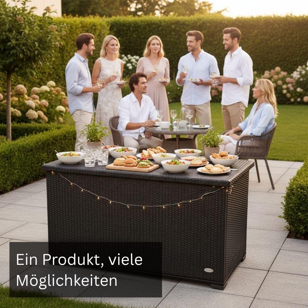 RS Trade Auflagenbox Wasserdicht XXL, 950l, Schwarz, Gartenbox, Aufbewahrungsbox Garten, Kissenbox Outdoor, Gartentruhe, Große Gartenkiste für Polster, Wetterfeste Garten-Aufbewahrung, Polyrattan