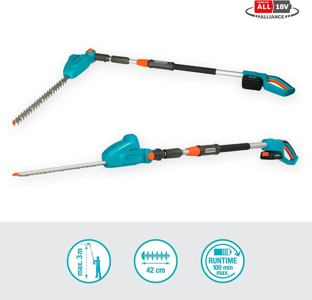 Gardena Akku-Teleskop-Heckenschere THS 42/18V P4A Ready-to-Use Set: Teleskopgriff, Reichweite bis 3 m, 42 cm Messer, Abwinkelbarer Kopf, Kabellos (14732-20)
