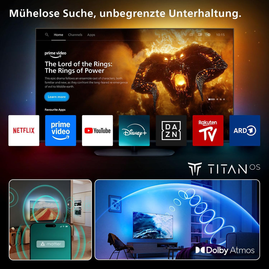 PHILIPS Ambilight 65PUS8200 4K LED Smart TV - 65 Zoll Display mit Pixel Precise Ultra HD, Titan OS, Dolby Vision und Dolby Atmos Sound