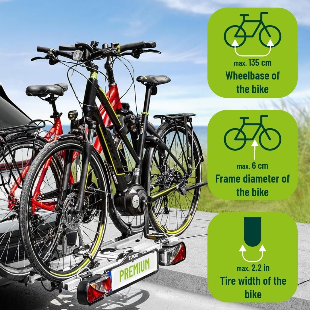 EUFAB 12011LAS Fahrradträger PREMIUM, E-Bike geeignet, komplett vormontiert, Diebstahlschutz, für 2 Fahrräder, für Anhängerkupplung, schwarz, grau
