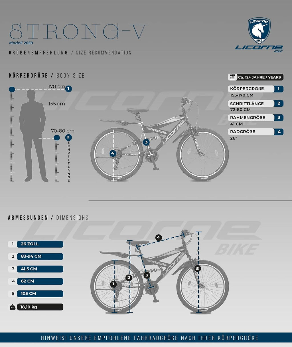 Licorne Bike Premium Strong V Mountainbike in 24 und 26 Zoll - Fahrrad für Jungen, Mädchen, Damen und Herren - 21 Gang-Schaltung - Vollfederung