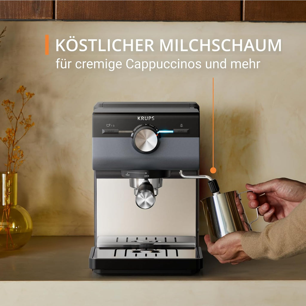 Krups Authentic+ Espresso-Siebträgermaschine, 15 bar, intuitive Bedienung, raffiniertes Design, Dampfdüse, inkl. umfangreichem Zubehör, Bullet Dark Silver/Edelstahl, XP384G10