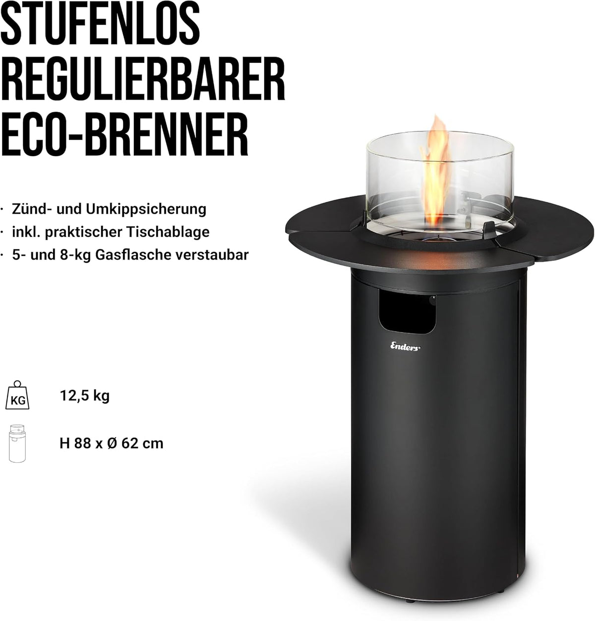 Enders® NOVA Table M Gas-Terrassenfeuer, kompakte Gas-Feuerstelle für Terrasse und Balkon, stimmungsvolles Flammenbild, Ambiente-Beleuchtung, Glaszylinder, Reflektor, #5900