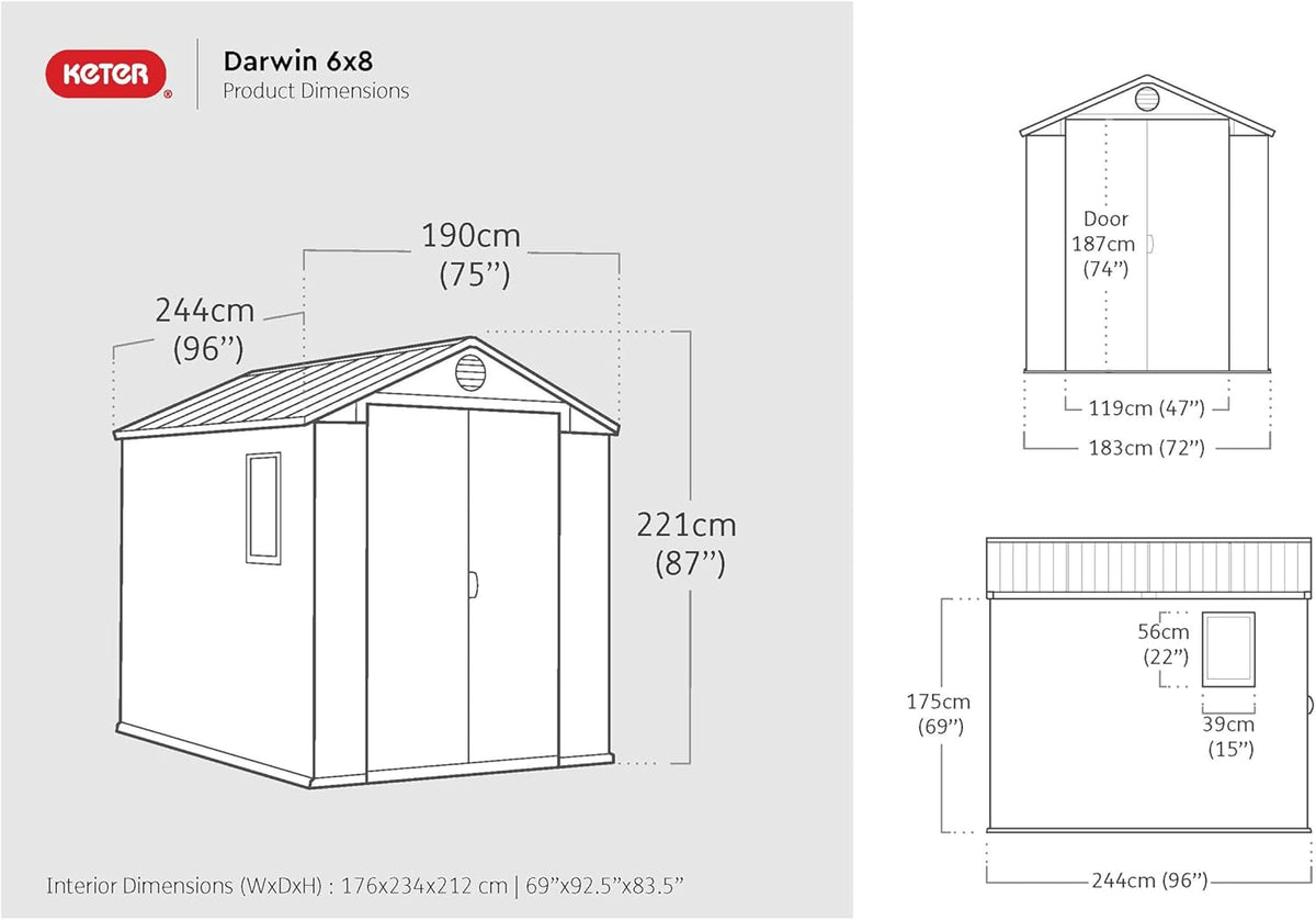 Keter Gerätehaus Darwin 6x8, Braun, Außenmaße 190x244x221cm, wartungsfrei, wetterfest, wasserdicht, mit Unterboden