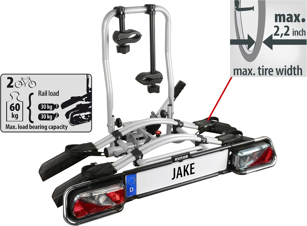 EUFAB 11510 Fahrradträger JAKE, E-Bike geeignet, teilweise vormontiert, erweiterbar, Diebstahlschutz, für 2 Fahrräder, für Anhängerkupplung