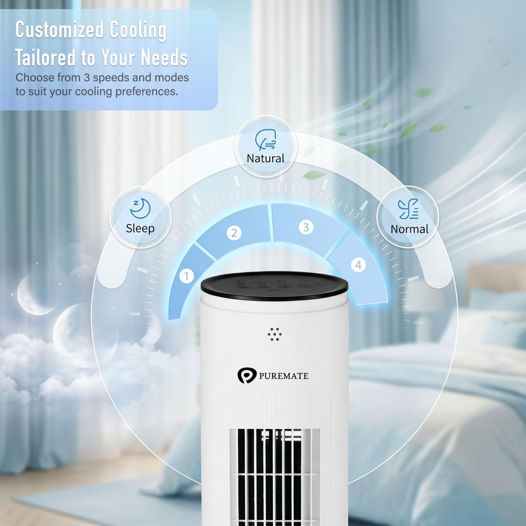 PureMate 43-inch Tower Fan with Remote control, Oscillating Silent Bladeless Floor Fan, 3 Speeds, 7-Hour Timer, Powerful 40W Electric Standing Fan, Portable Quiet & Ideal for Bedroom, White