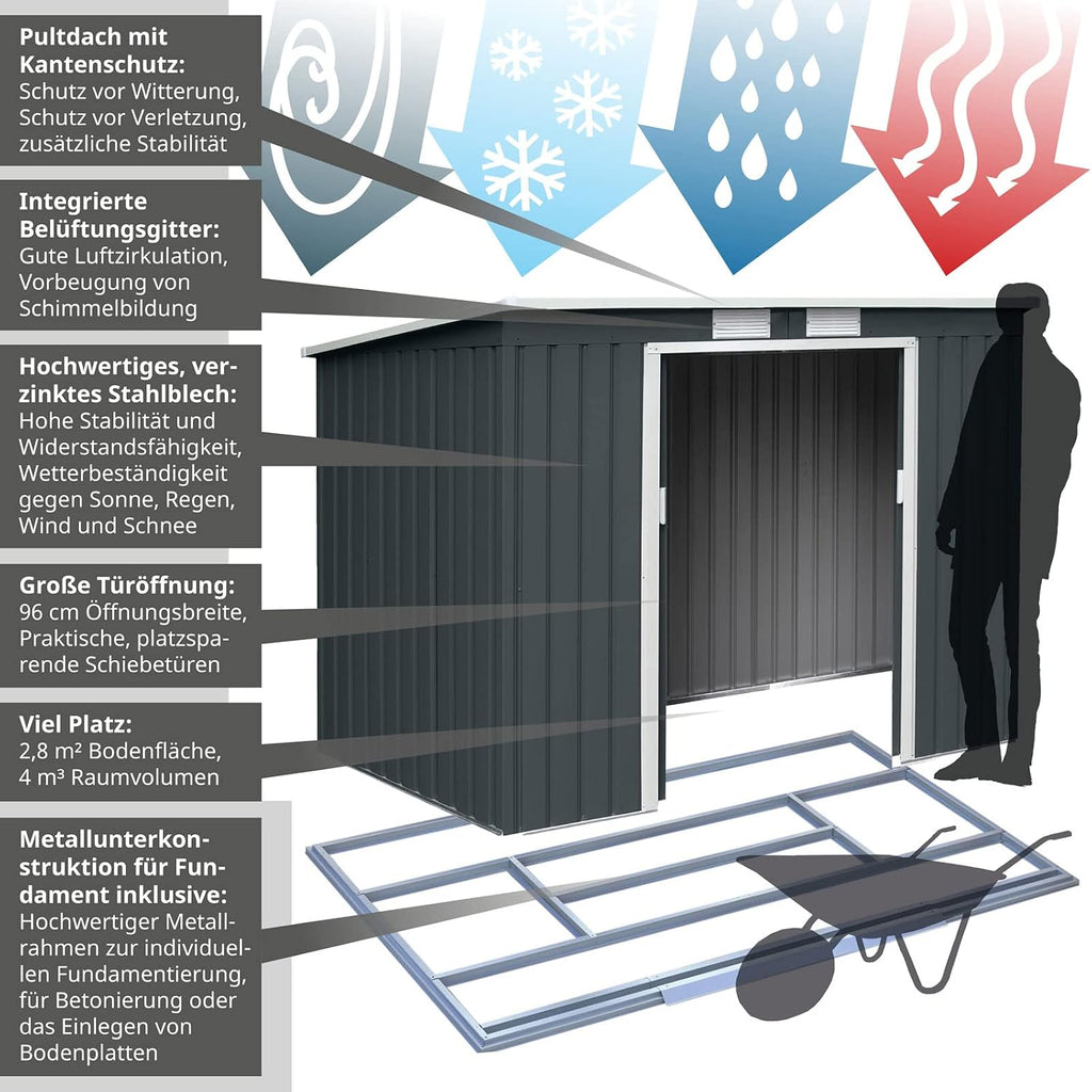 HATTORO P100 Gartenhaus mit Pultdach, Geräteschuppen 213x130x173cm, Gerätehaus mit 2 Schiebetüren, Belüftungsgitter & Metall-Rahmen, Modernes Grau/Anthrazit, Verzinkter Stahl