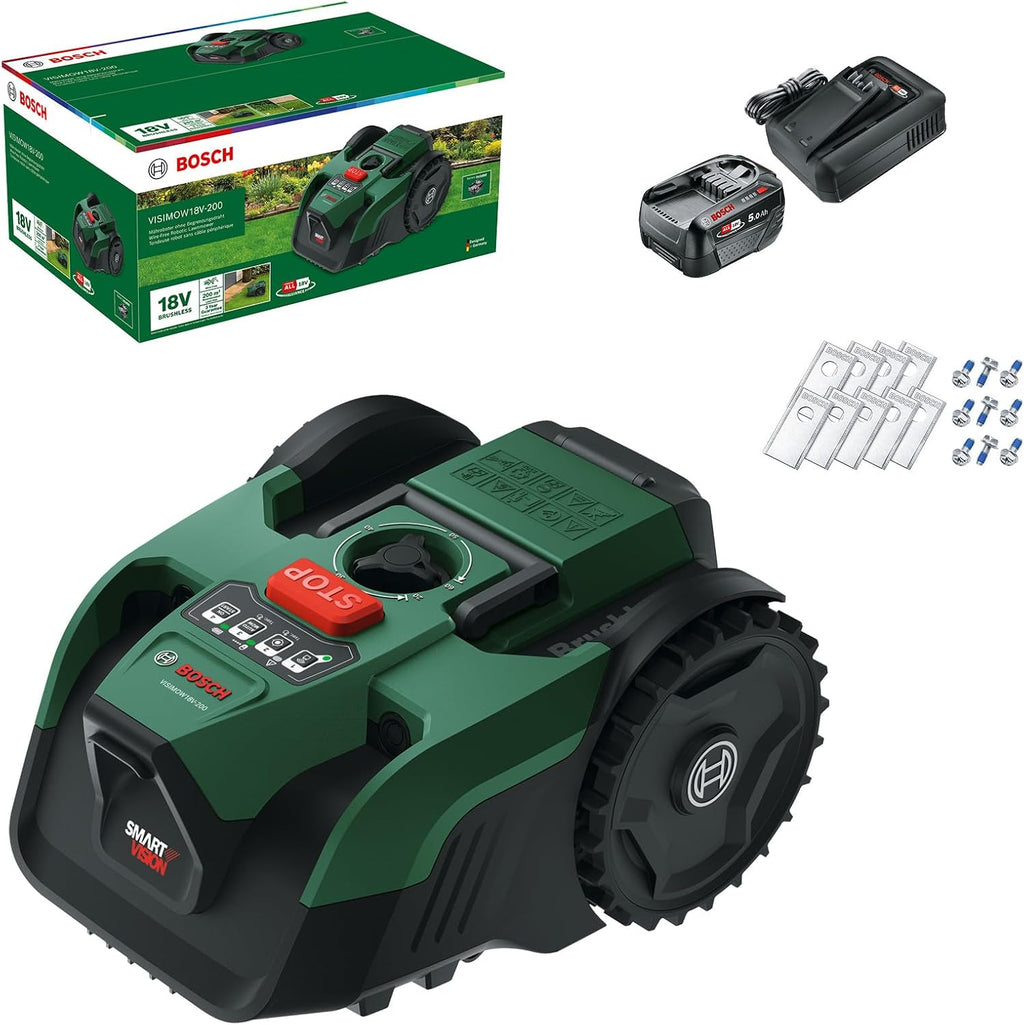 Bosch Akku-Mähroboter VISIMOW18V-200 (für Rasenflächen bis 200 m², Schnittbreite: 18 cm, Schnitthöhe: 20-60 mm, mit Ersatzmessern, inkl. Akku und Ladegerät)
