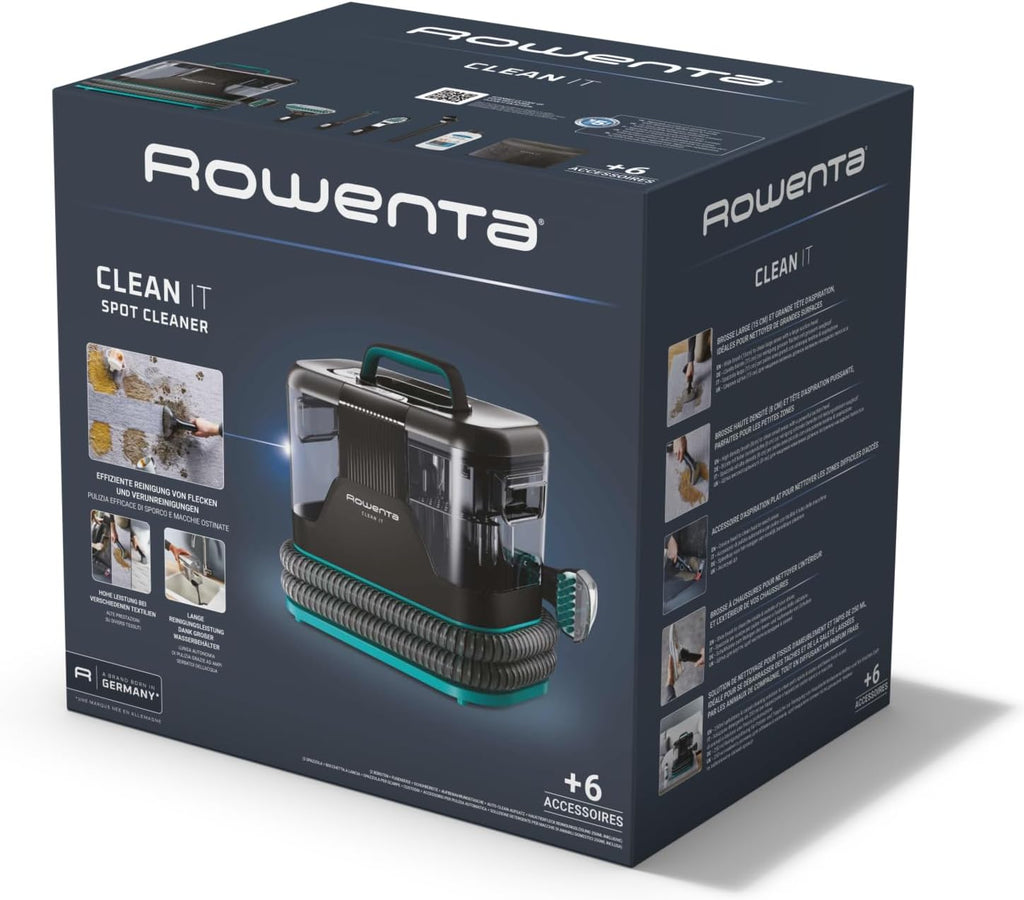 Rowenta Clean It Fleckenreiniger, tragbarer Teppichreiniger, schnelle und einfache Reinigung, abnehmbarer 2.3-Liter-Tank, wechselbare Reinigungsköpfe, 750 Watt, Grün, Schwarz, IN5020F0