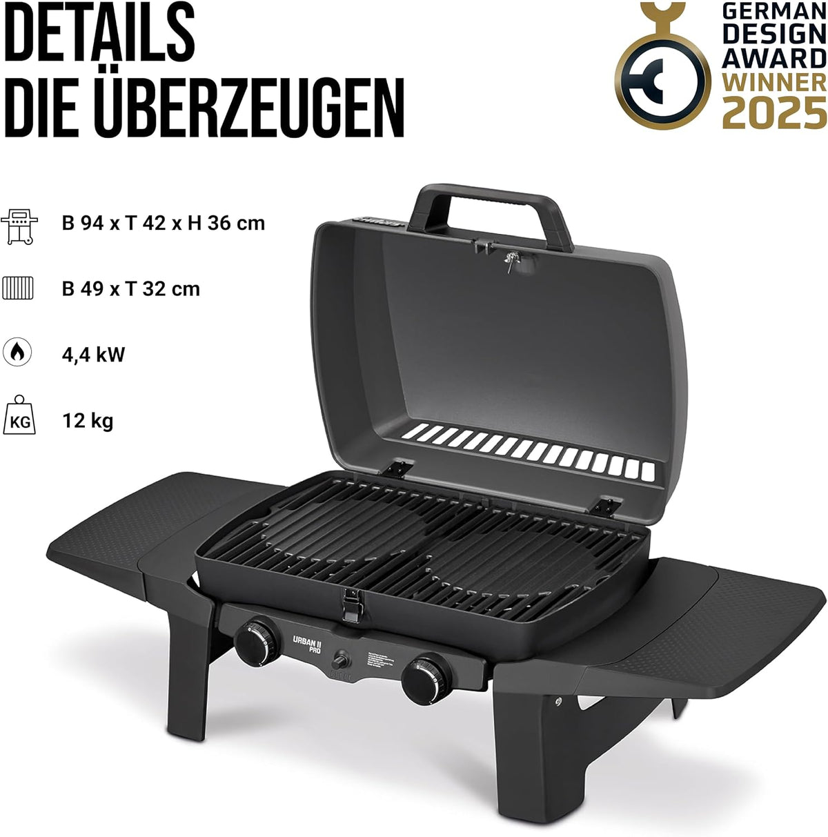 Enders® Gasgrill Urban II Pro, Tischgrill, Grillen-, Kochen- und Backen Funktion, 2 Brenner Edelstahl, mit Grill-Thermometer, Balkon-, Camping-Grill, Aluguss-Gehäuse, Gusseisen-Rost, #2062