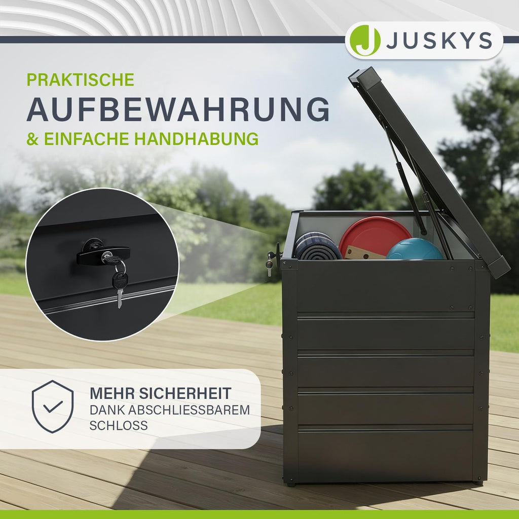 Juskys Metall Aufbewahrungsbox Limani 380 Liter - Outdoor Box - wasserdicht, abschließbar - Gartenbox, Auflagenbox, Kissenbox für Garten Anthrazit
