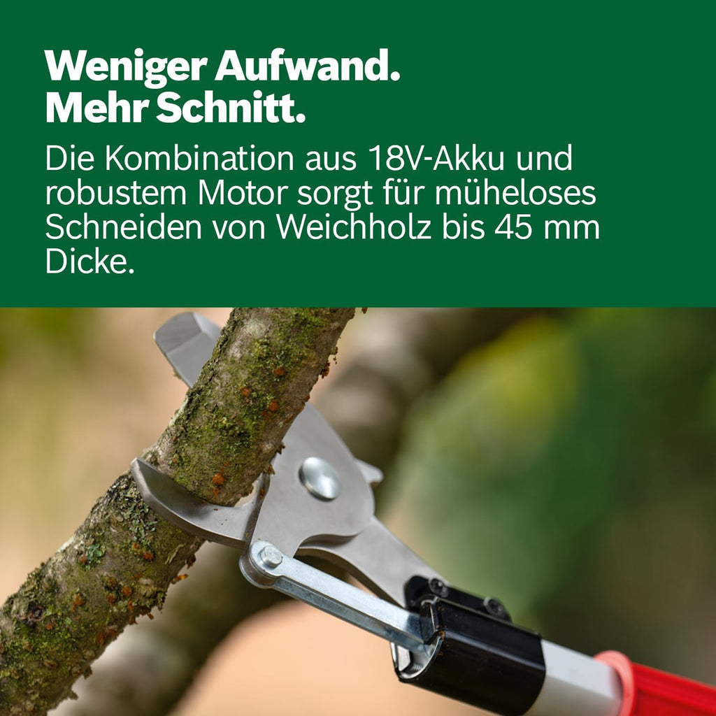 Bosch Akku-Gartenschere AdvancedPrune 18V-45 (für müheloses Schneiden von Ästen bis 45 mm; 18-Volt-System; bis zu 600 Schnitte; mit Verlängerungsstange, ohne Akku oder Ladegerät)