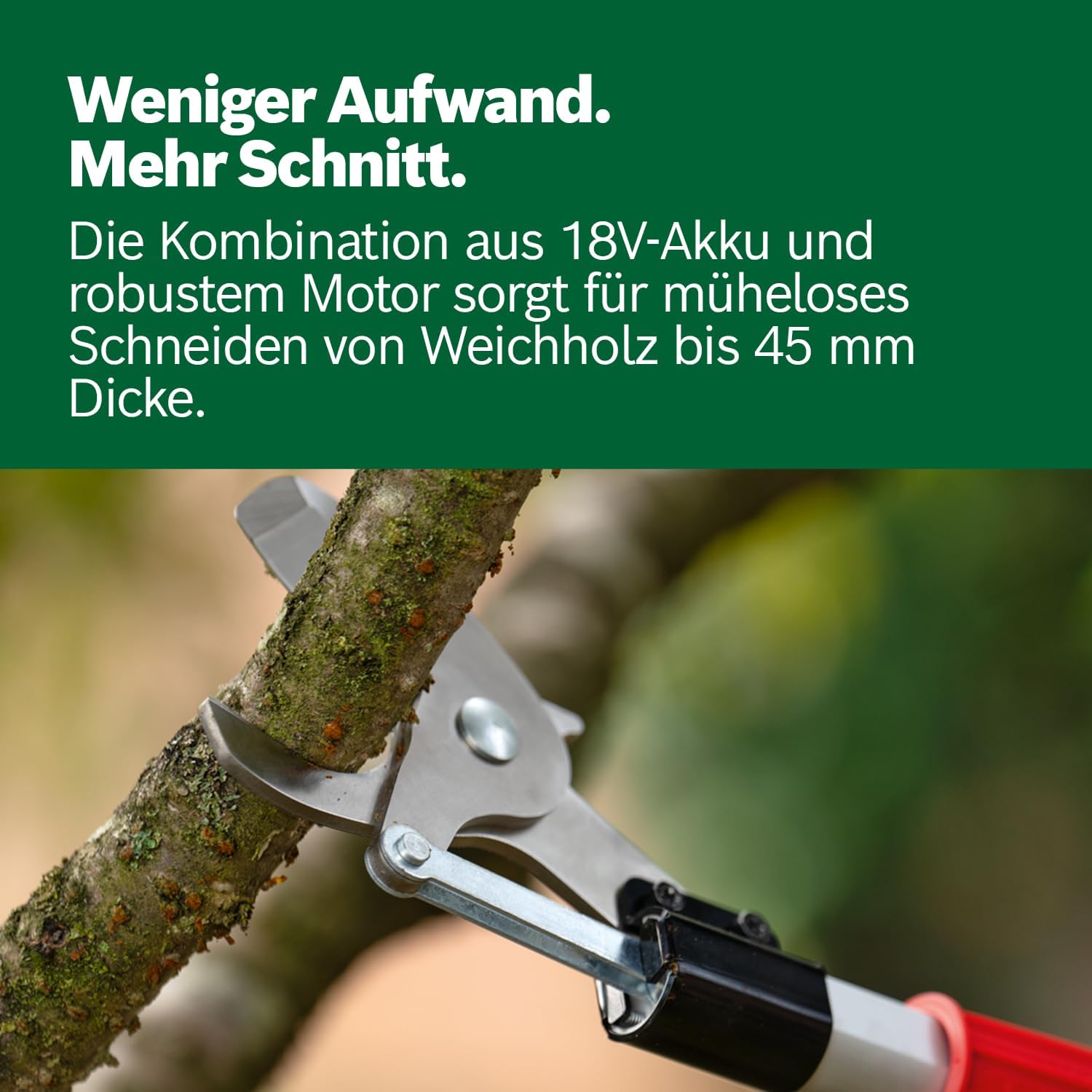 Bosch Akku-Gartenschere AdvancedPrune 18V-45 (für müheloses Schneiden von Ästen bis 45 mm; 18-Volt-System; bis zu 600 Schnitte; mit Verlängerungsstange, ohne Akku oder Ladegerät)
