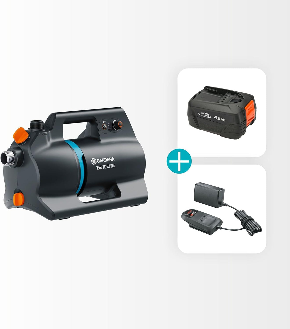 Gardena Akku-Gartenpumpe 3000 Silent 18V P4A Ready-To-Use Set: Leistungsstark, Leiser Betrieb, Regen- und UV-geschütztes Gehäuse, Trockenlaufsicherung, Kabellos (14610-20)