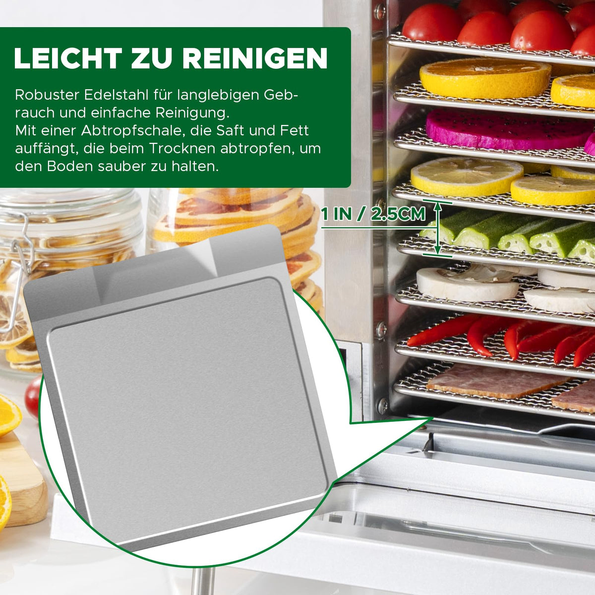 Kwasyo Dörrautomat Edelstahl Trockenkapazität 3,8 kg Rindfleisch, 0,67 m² Trockenfläche, 8 Edelstahl-Dörrtabletts (28x30 cm), 35-85°C Dörrgerät für Hundeleckerlis, Kräuter, Fleisch, Obst, Joghurto
