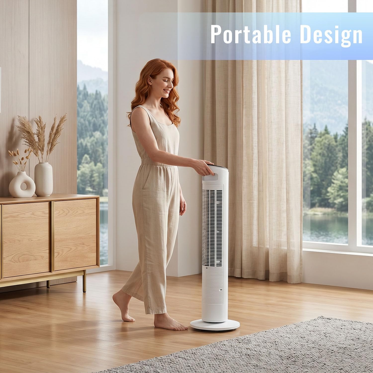 PureMate 43-inch Tower Fan with Remote control, Oscillating Silent Bladeless Floor Fan, 3 Speeds, 7-Hour Timer, Powerful 40W Electric Standing Fan, Portable Quiet & Ideal for Bedroom, White