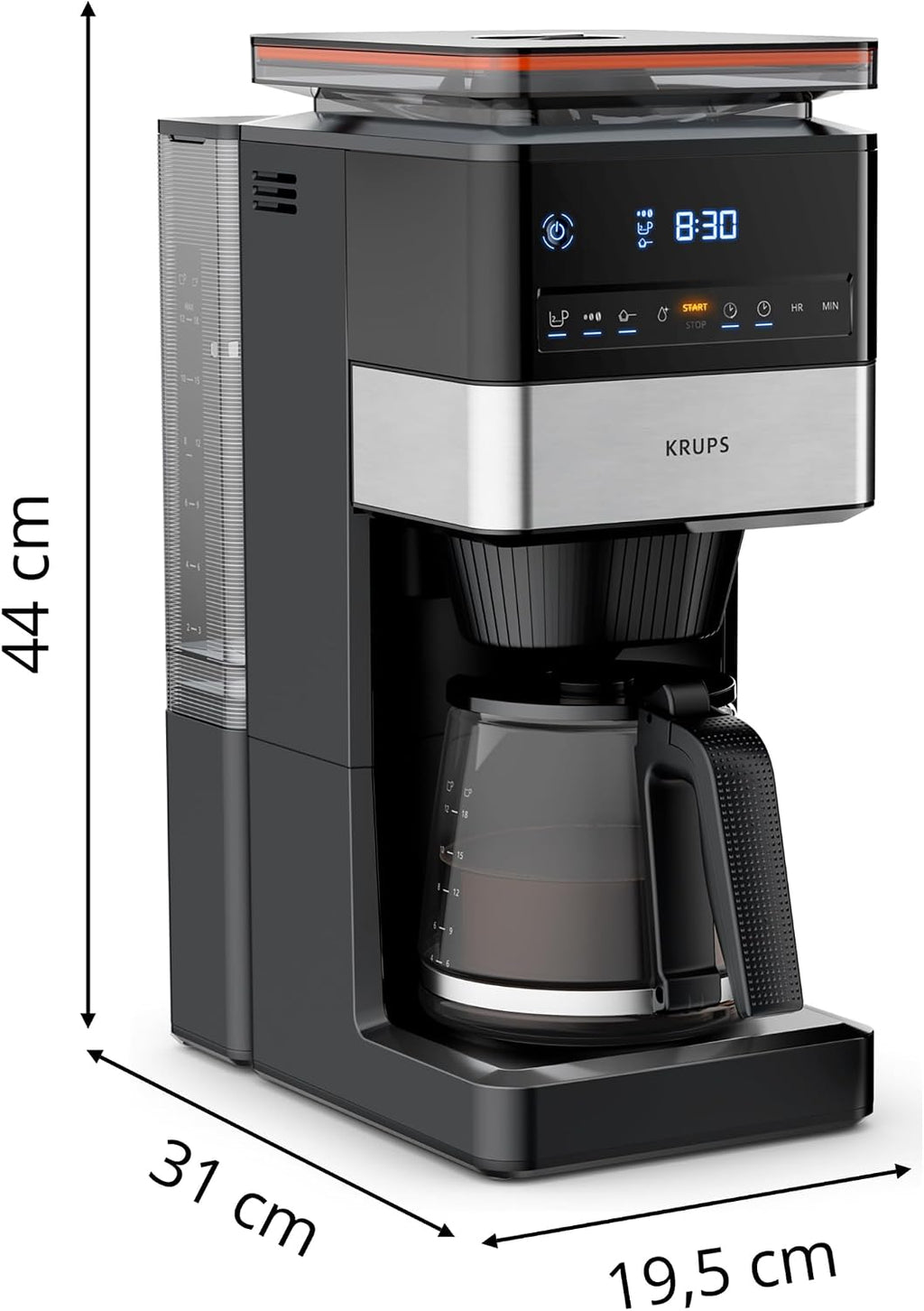 KRUPS Grind Aroma XL Filterkaffeemaschine, abnehmbares Kegelmahlwerk, digitales Bedienfeld, XL-Fassungsvermögen (1,5 L), Warmhaltefunktion, Glaskanne, Schwarz/Edelstahl, KM842810