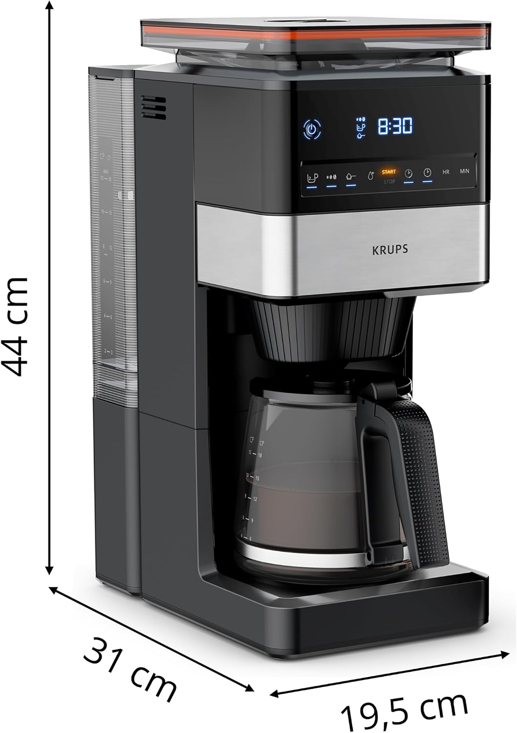 KRUPS Grind Aroma XL Filterkaffeemaschine, abnehmbares Kegelmahlwerk, digitales Bedienfeld, XL-Fassungsvermögen (1,5 L), Warmhaltefunktion, Glaskanne, Schwarz/Edelstahl, KM842810