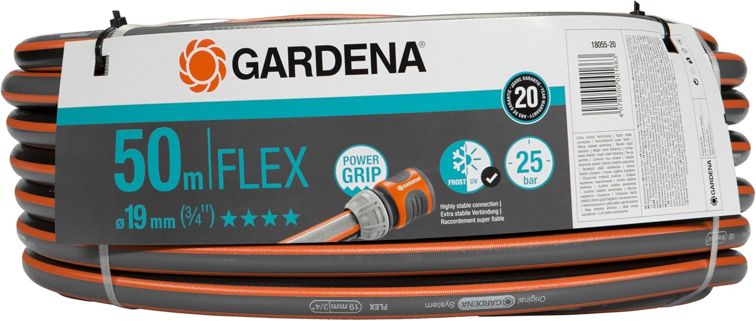 Gardena Comfort FLEX Schlauch 19 mm (3/4 Zoll), 50 m: Formstabiler, flexibler Gartenschlauch mit Power-Grip-Profil, aus hochwertigem Spiralgewebe, 25 bar Berstdruck, ohne Systemteile (18055-20)