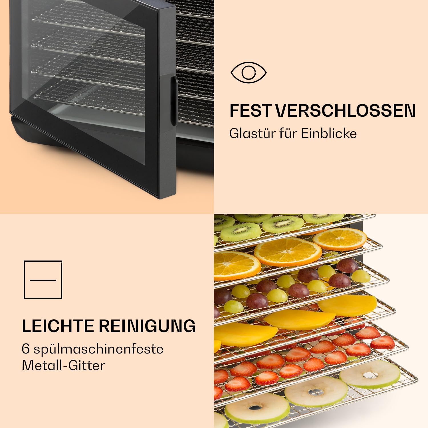 Klarstein Arizona Jerky Dörrautomat - Dörrgerät, Dehydrator, trocknet Obst, Fleisch und Früchte, 500 Watt, 35-70°C, 6 spülmaschinenfeste Einlagefächer, kurze Trockenzeit, Touch-Display, schwarzo