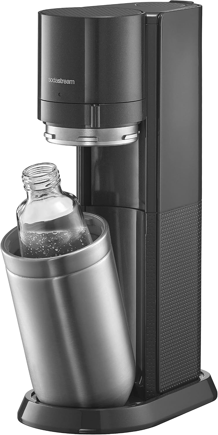 SodaStream Wassersprudler DUO Vorteilspack mit 1x Quick-Connect CO2-Zylinder, 2x 1L Glasflasche und 1x 1L spülmaschinenfeste Kunststoff-Flasche, Höhe: 44cm, Farbe: Titan