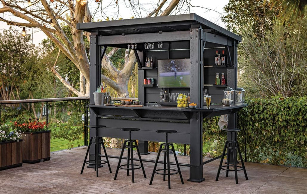 Keter Bar Gazebo Gartenpavillon mit integriertem Bartresen, wetterfest, H238 x B230 x T200 cm, DecoCoat Holzoptik in Walnuss, aus Kunststoff & Metall