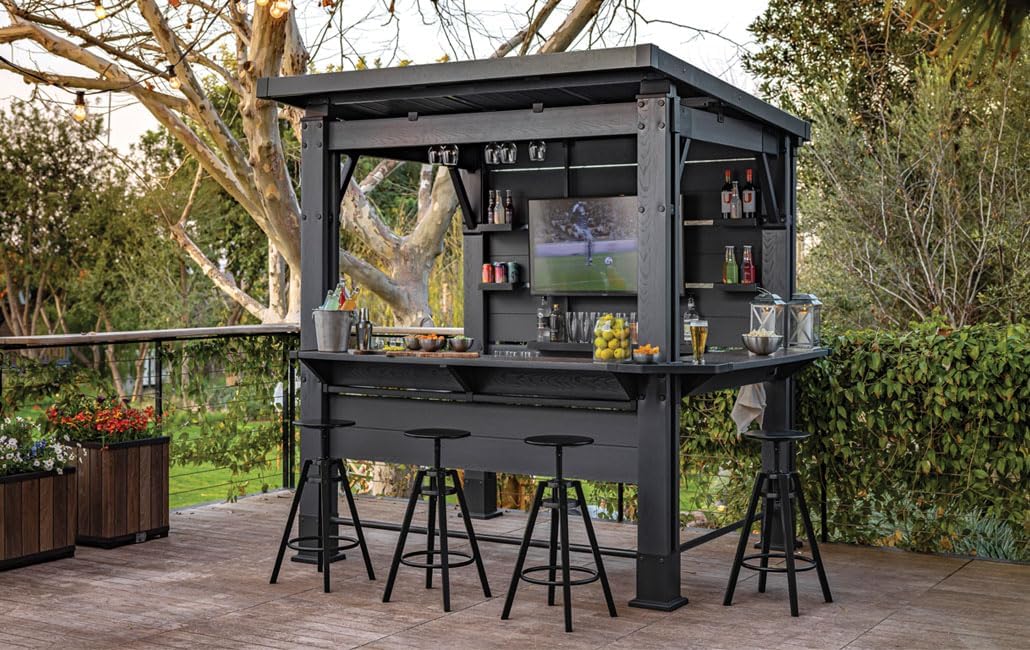 Keter Bar Gazebo Gartenpavillon mit integriertem Bartresen, wetterfest, H238 x B230 x T200 cm, DecoCoat Holzoptik in Walnuss, aus Kunststoff & Metall