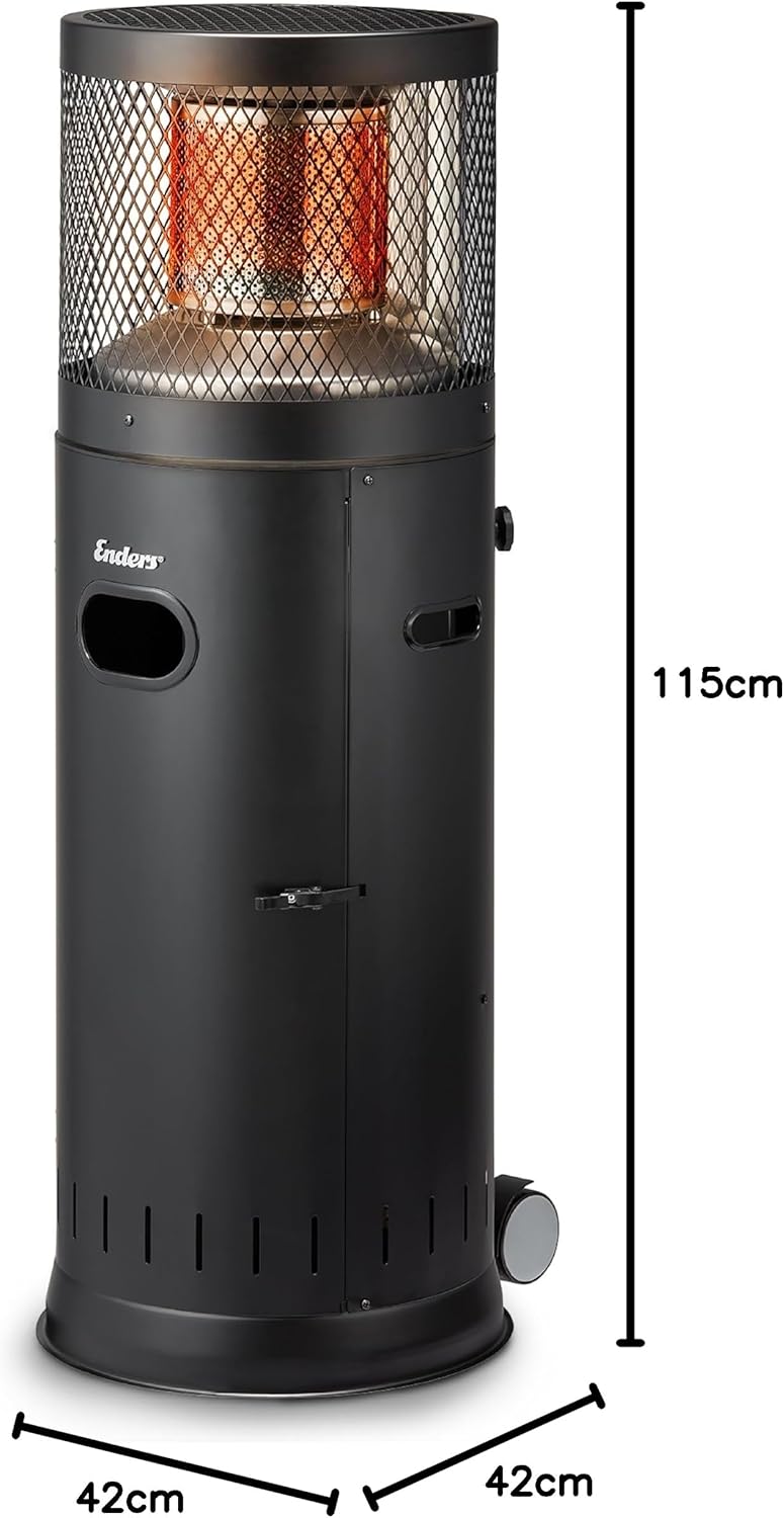 Enders® Terrassenheizer Polo Black 2.0, Gas-Heizstrahler, Terrassenstrahler mit stufenloser Regulierung 3-6kW, Edelstahlbrenner, ENDUR Reflexionssystem, Transporträder, Umkippsicherung, schwarz #5462