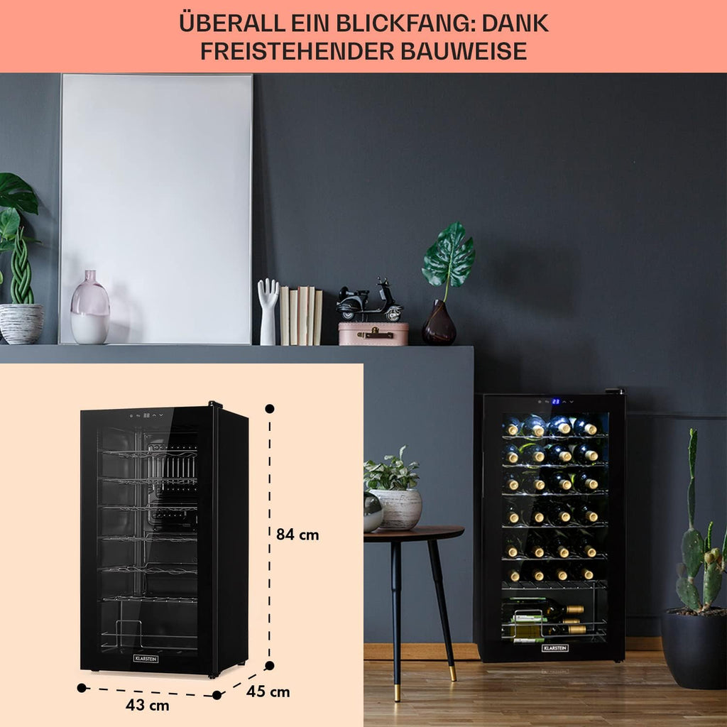 Klarstein Shiraz Wine Refrigerator Black - 28 Bottles, 74 L, 1 Zone | Beverage Fridge with Glass Door, Freestanding, Quiet, 5-18°C, LED, Stainless Steel Frame, Slim