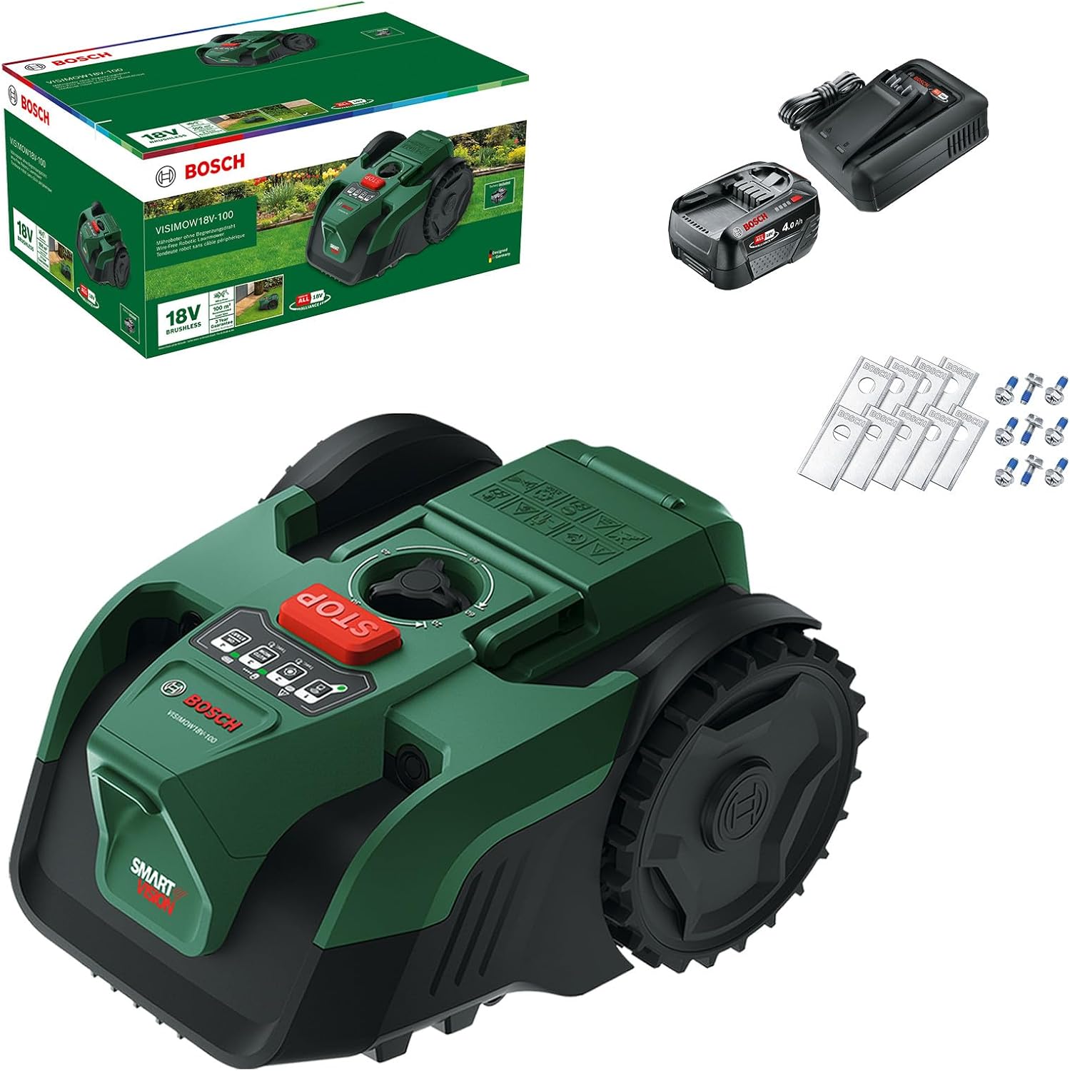 Bosch Akku-Mähroboter VISIMOW18V-100 (für Rasenflächen bis 100 m², Schnittbreite: 16 cm, Schnitthöhe: 20-60 mm, mit Ersatzmessern, inkl. Akku und Ladegerät)