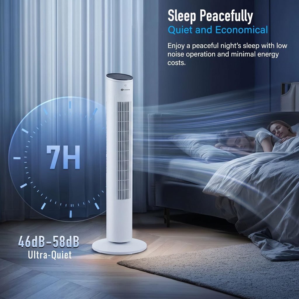 PureMate 43-inch Tower Fan with Remote control, Oscillating Silent Bladeless Floor Fan, 3 Speeds, 7-Hour Timer, Powerful 40W Electric Standing Fan, Portable Quiet & Ideal for Bedroom, White