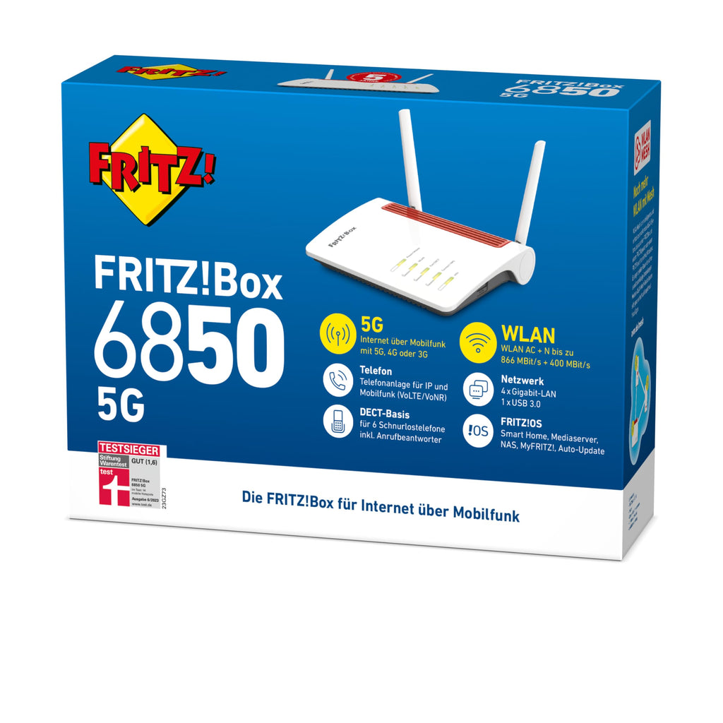 FRITZ!Box 6850 5G – LTE/5G-Router mit WLAN AC+N, DECT, USB 3.0 & 4x LANo