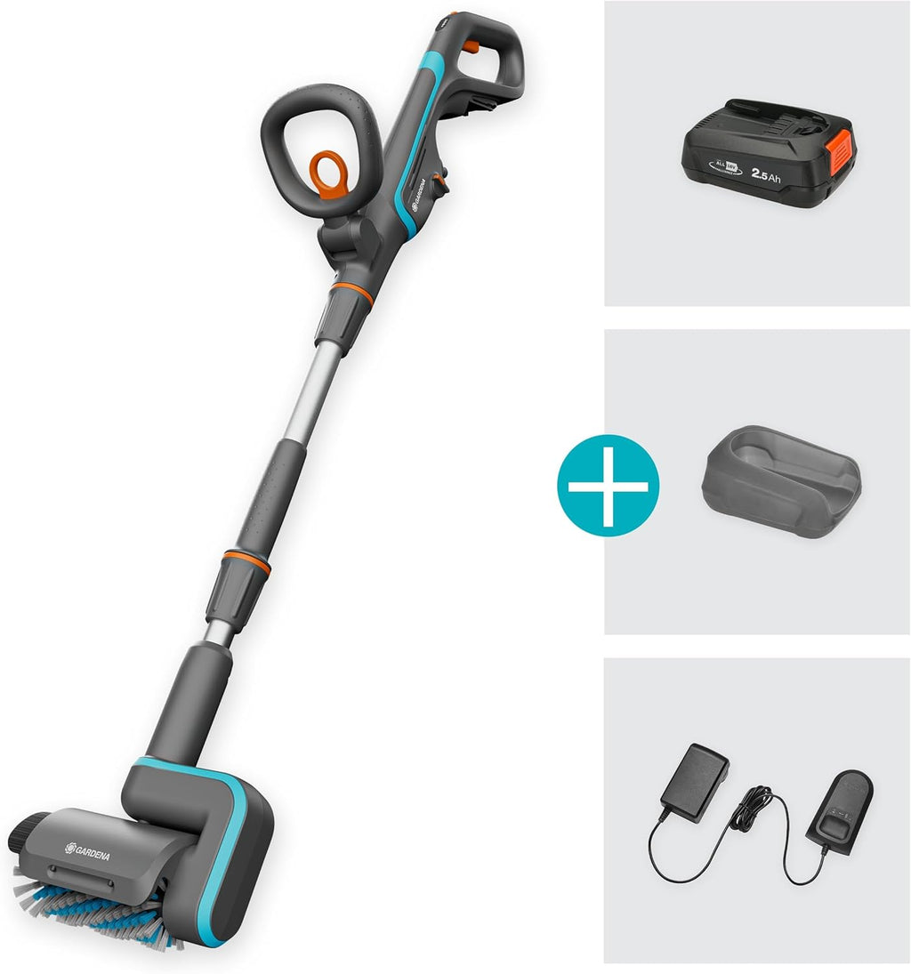 Gardena Akku-Multi-Reiniger AquaBrush Patio 03/18V P4A Ready-To-Use Set: Außenreinigung, Bedienung per Knopfdruck, Terrassenreinigung, Bürstenprofil, Kabellos (14841-20)