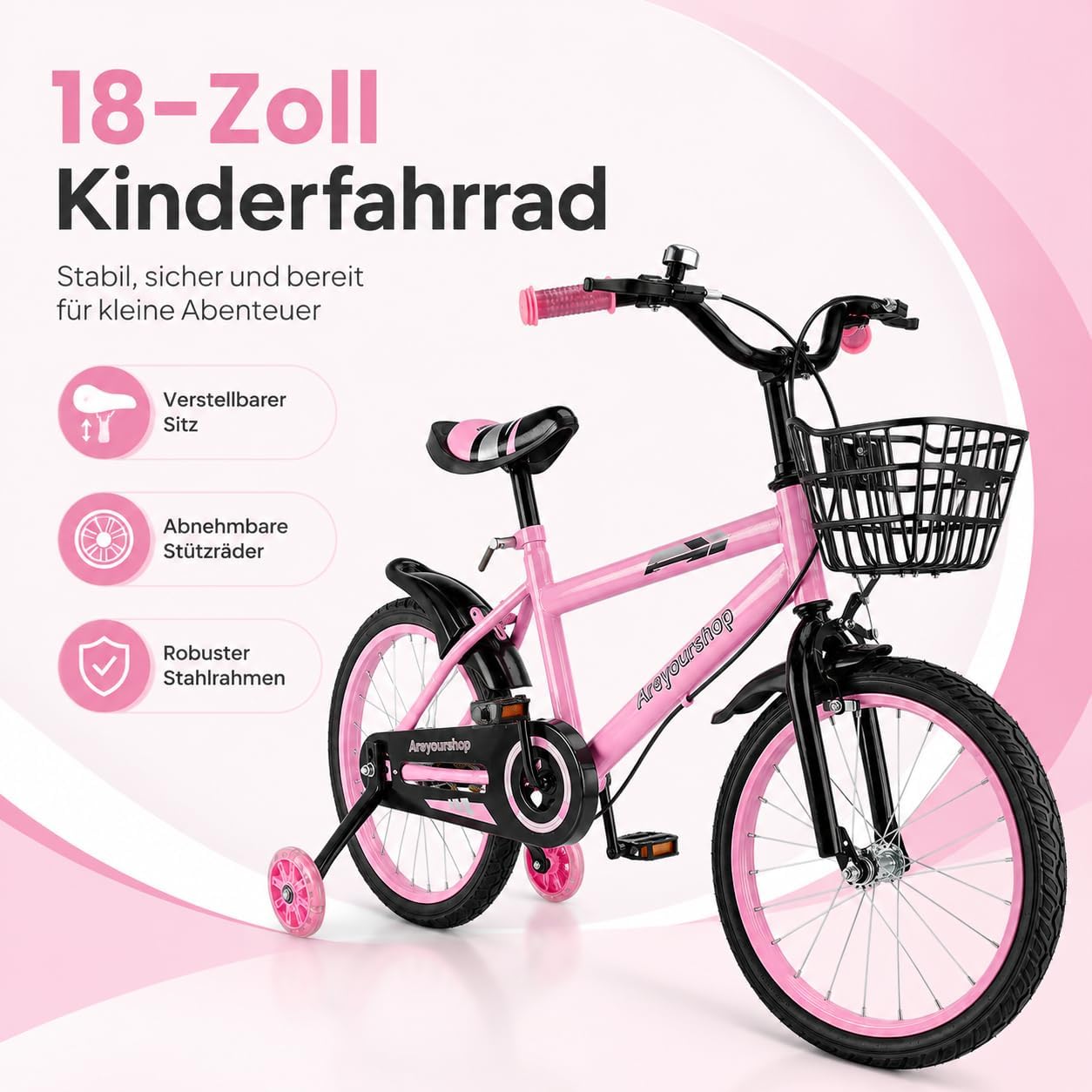 18 Zoll Kinderfahrrad, Verstellbarer Sitz & Lenker, Kohlenstoffstahlrahmen, Doppelbremsen, Stoßfeste Speichenräder, Magnetisches Blitzrad, Abnehmbare Stützräder