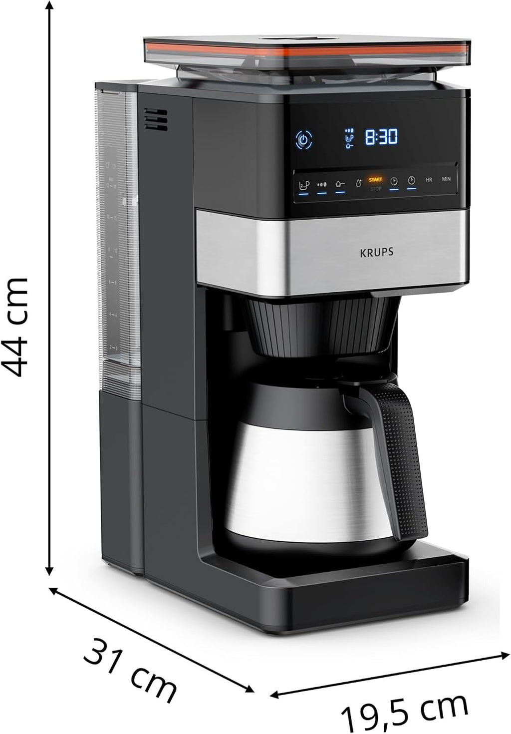 KRUPS Grind Aroma XL Filterkaffeemaschine, abnehmbares Kegelmahlwerk, digitales Bedienfeld, XL-Fassungsvermögen (1,25 L), Edelstahl-Thermoskanne, Schwarz/Edelstahl, KT842810
