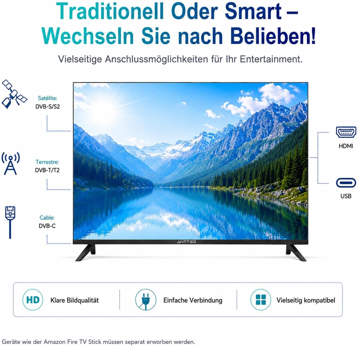 Antteq E32-AH1Q1L Fernseher 32 Zoll Frameless LED TV 81 cm mit HD Ready