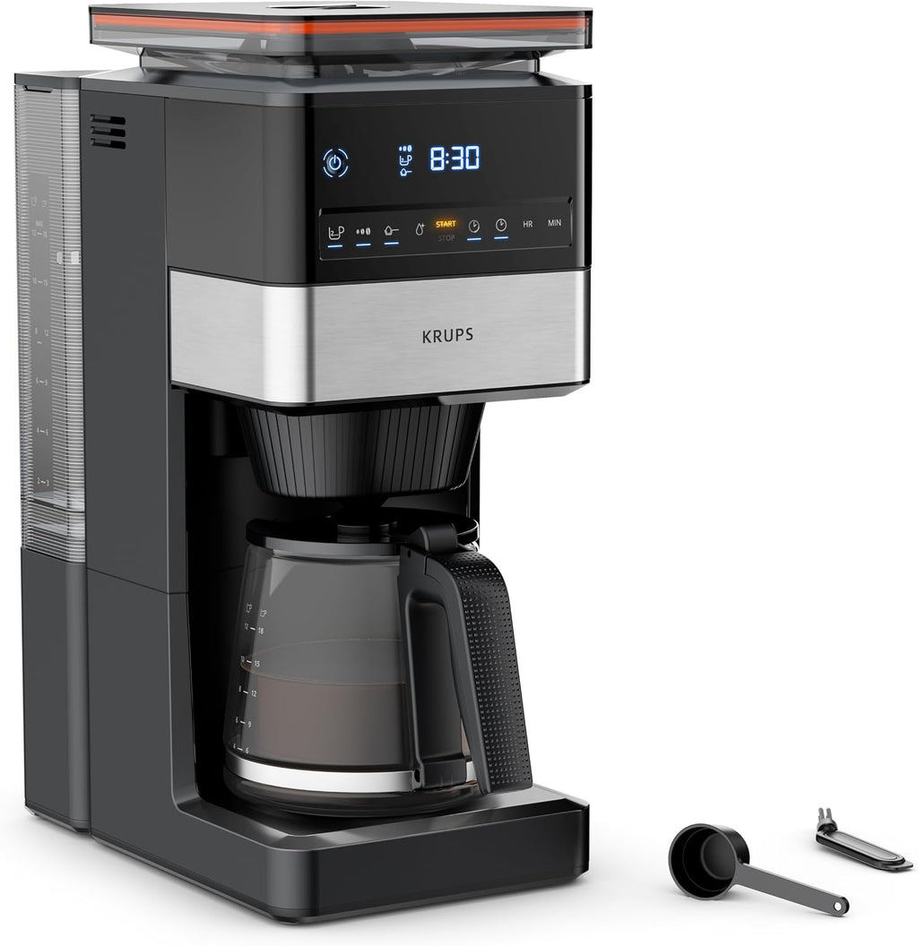 KRUPS Grind Aroma XL Filterkaffeemaschine, abnehmbares Kegelmahlwerk, digitales Bedienfeld, XL-Fassungsvermögen (1,5 L), Warmhaltefunktion, Glaskanne, Schwarz/Edelstahl, KM842810