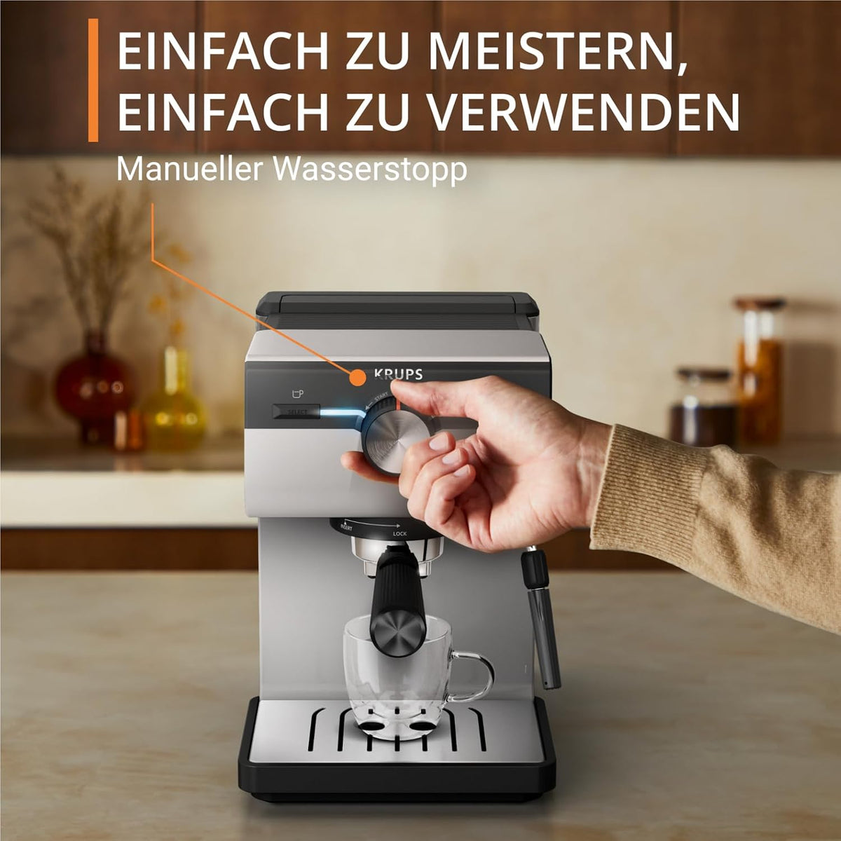Krups Authentic Espresso-Siebträgermaschine, 15 bar, intuitive Bedienung, raffiniertes Design, integrierte Dampfdüse, 2 L-Wassertank, inkl. Zubehör, Grey/Creme, XP381B10