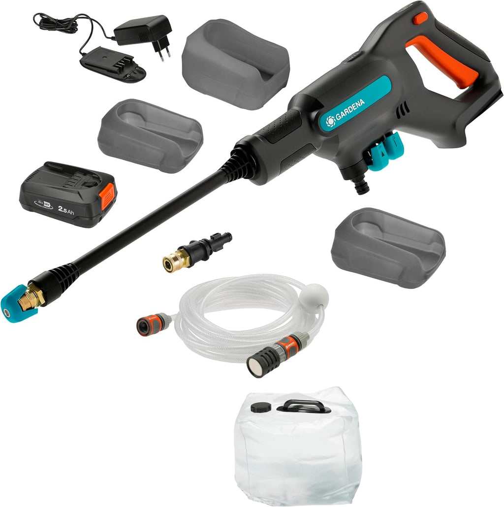 Gardena Akku-Druckreiniger AquaClean 24/18V P4A Premium Set: Zusätzliches Zubehör, Verstellbarer Wasserdruck, Düsenaufsätze, 3 Reinigungsmodi, Kabellos (14800-31)