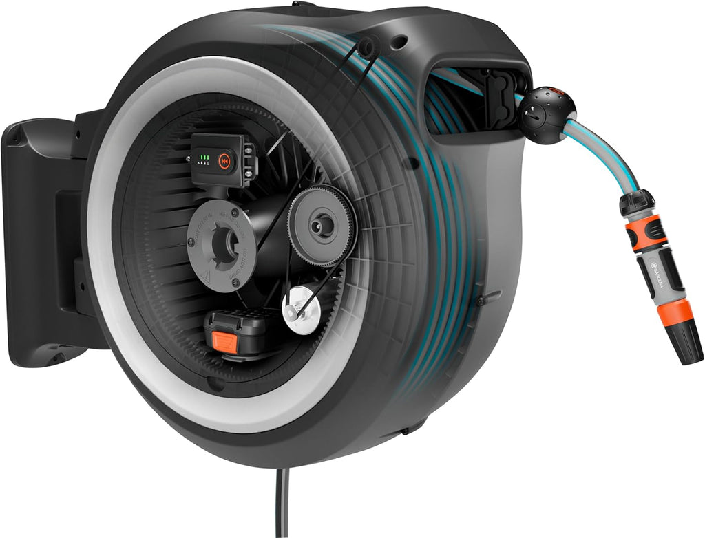 Gardena Akku-Wand-Schlauchbox PowerRoll XXL solo: Automatischer Schlauchaufroller mit 40 m Gartenschlauch, Schlauchführung und RollControll, akkubetrieben, UV- und frostbeständig (18647-55)