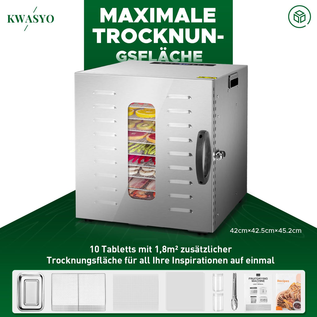 Kwasyo Dörrautomat Edelstahl DA 1000, XXL-Dörrfläche 1,8 m², Dörrgerät Temperatur einstellbar 30-90℃, LED-Display, 24 Std, BPA-frei, mit Rezeptheft, 10 Edelstahl-Dörrtablettso